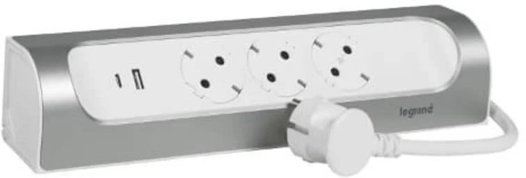 Разклонител ъглов сив 3x2P+E с кабел 1 метър с USB A+C 3A 15W Corner NEW Legrand, LEGRAND, 694502