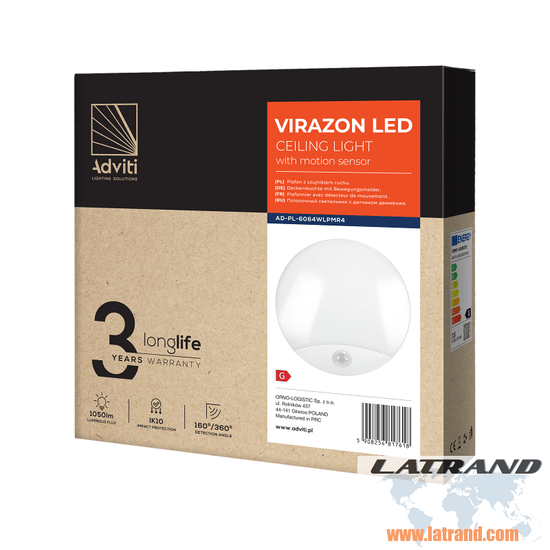 VIRAZON LED 15W, плафон със сензор за движение 1050lm, IP44, 4000K, млечно бял цвят - AD-PL-6064WLPMR4, ORNO