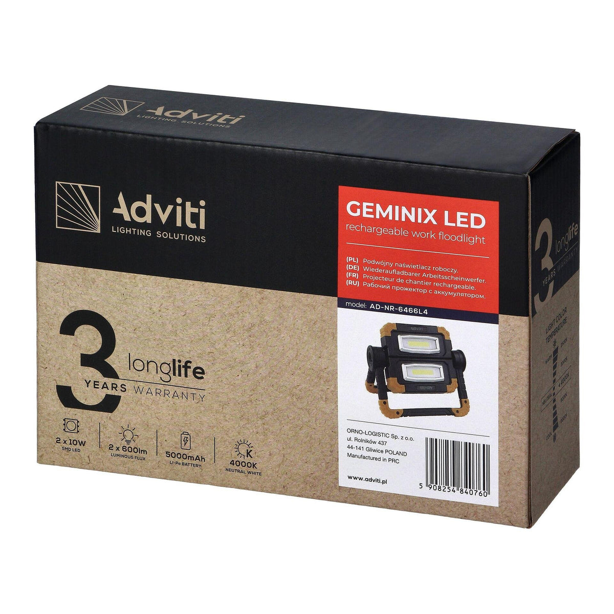 GEMINIX LED 2x10W, работен прожектор, преносим с акумулаторна батерия, 1200lm, IP44, 4000K, 5000mAh, ADVITI, AD-NR-6466L4