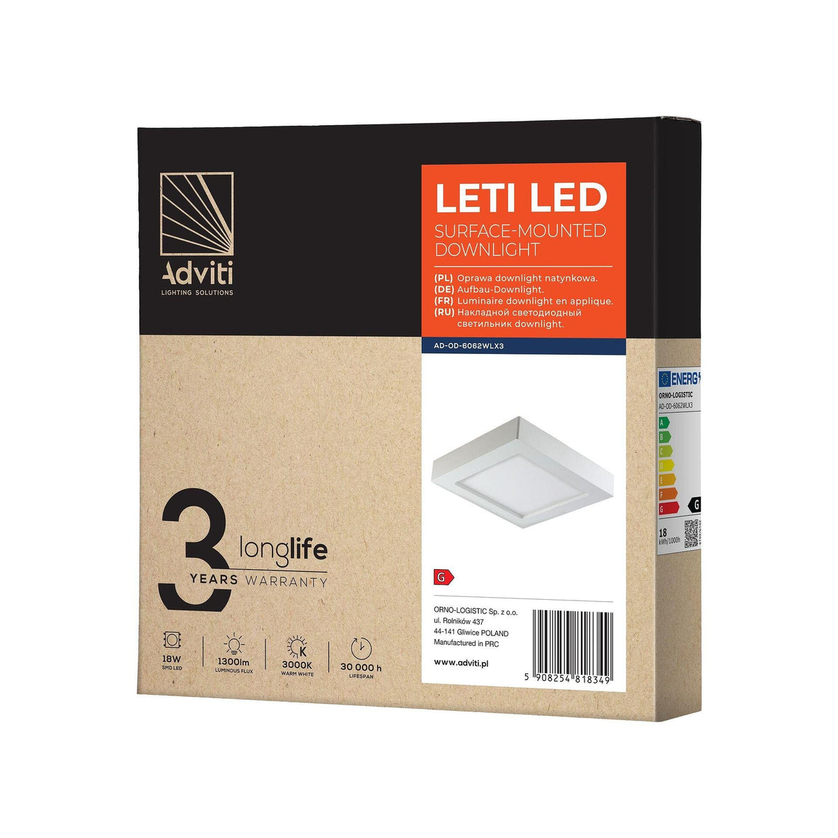 LETI LED 18W осветително тяло, за повърхностен монтаж, квадратно, 1500lm, 3000K, бяло, вградено LED захранване - AD-OD-6062WLX3, ADVITI