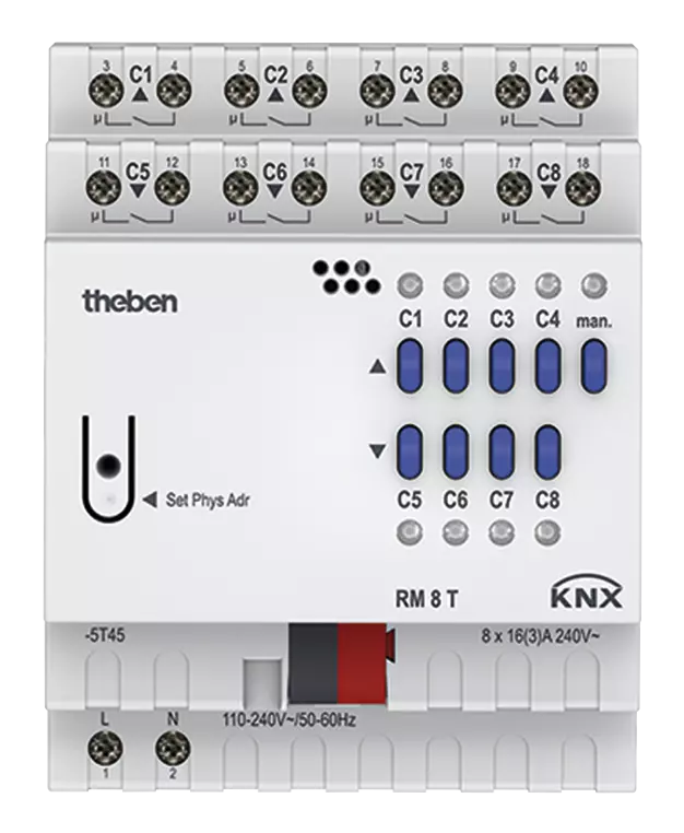 Актуатор изходи с ръчно управление RM8T 8x 230Vac 16A 4DIN KNX Theben, 4940200