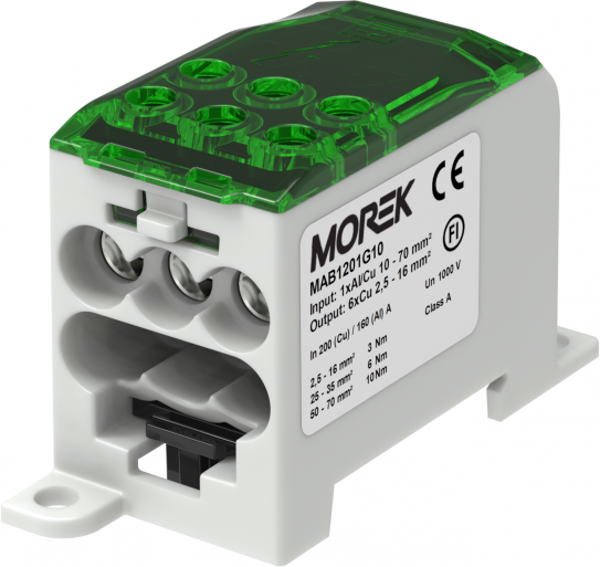 Разпределителен клемен блок ЗЕЛЕН 1P 200A OJL200A вх. Al/Cu 1x70 изх. 6x16mm² MOREK, MAB1201G10