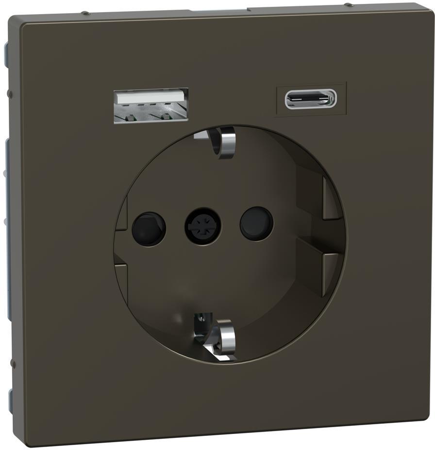 Механизъм контакт шуко 16A + USB A+C 3A 15W с лицев панел цвят Мока System Design Merten SE, SCHNEIDER ELECTRIC, MEG2367-6052