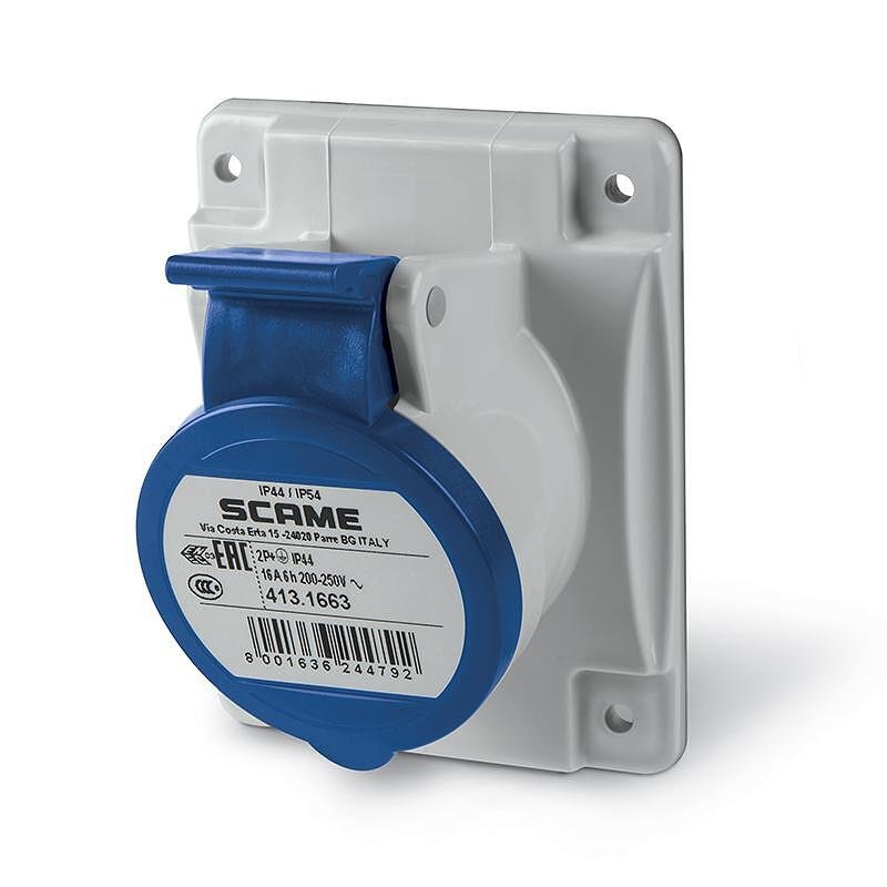 Промишлен контакт 2P+Е 16A 230V IP54 серия Optima панелен монтаж 70х87мм Scame-413.1663