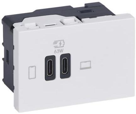 Розетка 2xUSB за зареждане тип C Power Delivery 63W 3 мод. цвят Бял Mosaic Legrand, LEGRAND, 77673L
