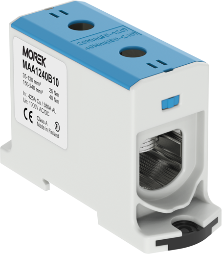 Тунелна клема СИНЯ 1P 425A с 2 отвора OTL240 1xAl/Cu 35-240mm² 1000V MOREK, MAA1240B10