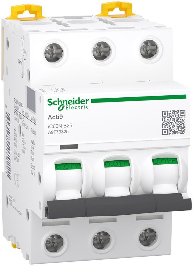 Автоматичен прекъсвач Acti 9 iC60N 3P 25A крива B 6kA SE, SCHNEIDER ELECTRIC НИСКО НАПРЕЖЕНИЕ, A9F73325