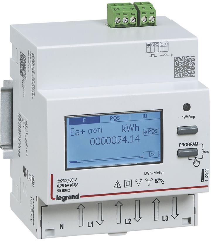 Трифазен електромер за ДИРЕКТНО мерене на ел. енергия EMDX3, Modbus, 2 тарифи, за DIN монтаж 4 мод, 63A, MID Legrand, LEGRAND НИСКО НАПРЕЖЕНИЕ, 412093