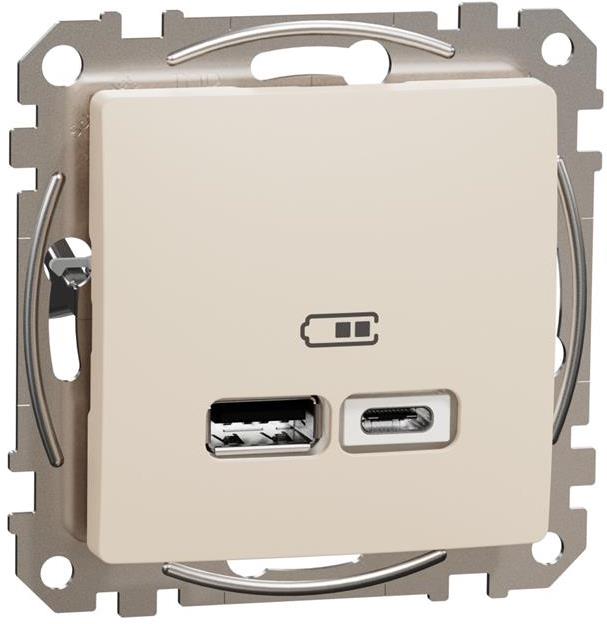 Розетка 2хUSB за зареждане тип A+C 2.4A 12W цвят Крем Sedna SE, SCHNEIDER ELECTRIC, SDD112402