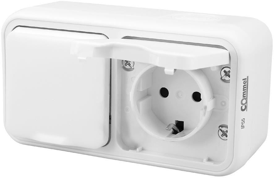 Контакт шуко ДВОЕН за открит монтаж IP55 цвят Бял Bura Commel, COMMEL, C043-212