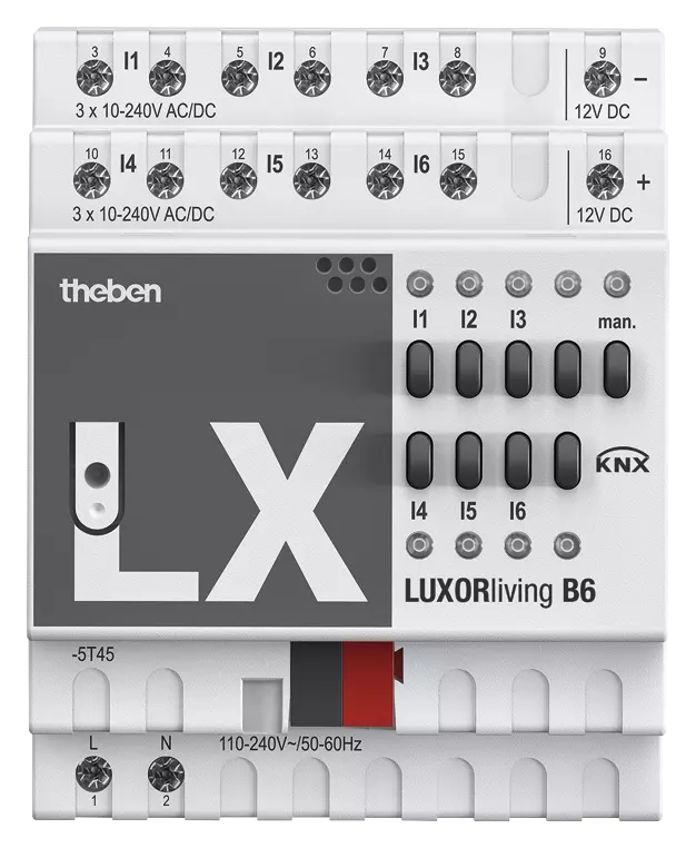 Актуатор входове с ръчно управление B6 6x 10...240Vac/dc 4DIN LUXORliving Theben, KNX, 4800430
