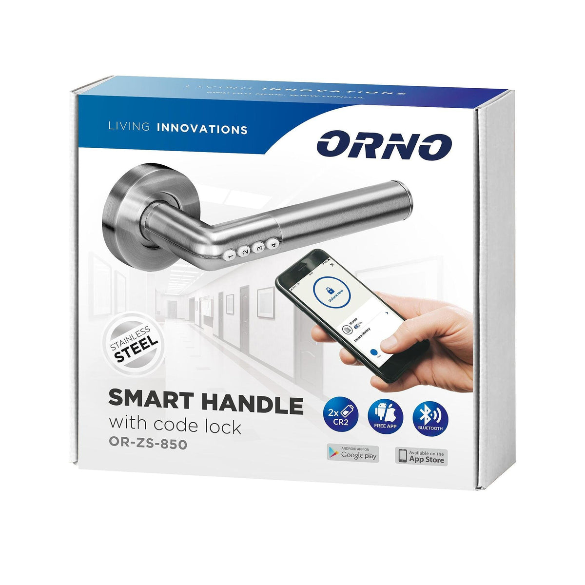 Интелигентна дръжка с кодова брава IP44, освобождава се с PIN и Bluetooth - OR-ZS-850, ORNO