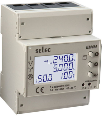 Трифазен мерител за ДИРЕКТНО мерене на ел. енергия, импулсен изход и Modbus, еднотарифен, за DIN монтаж 4 мод, 100A, Selec, FRODEXIM, EM4M-3P-C-100A