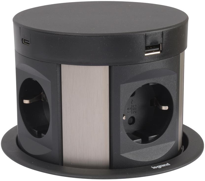 Мебелна колона Pop-Up, с контакти 4х шуко, 2х USB тип A+C, кабел 2m, Ø120mm, Incara Tower Legrand, LEGRAND, 654982