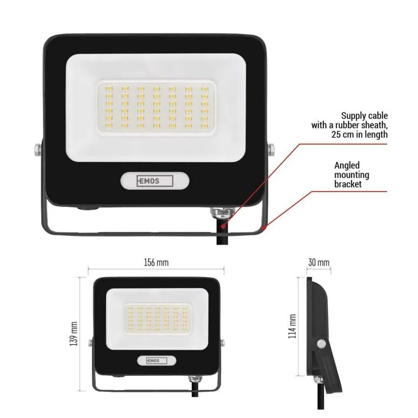Прожектор LED 30W 4000K 3000lm 120° x 120° 20000h IP65 черен GLARO EMOS, ZS2234B