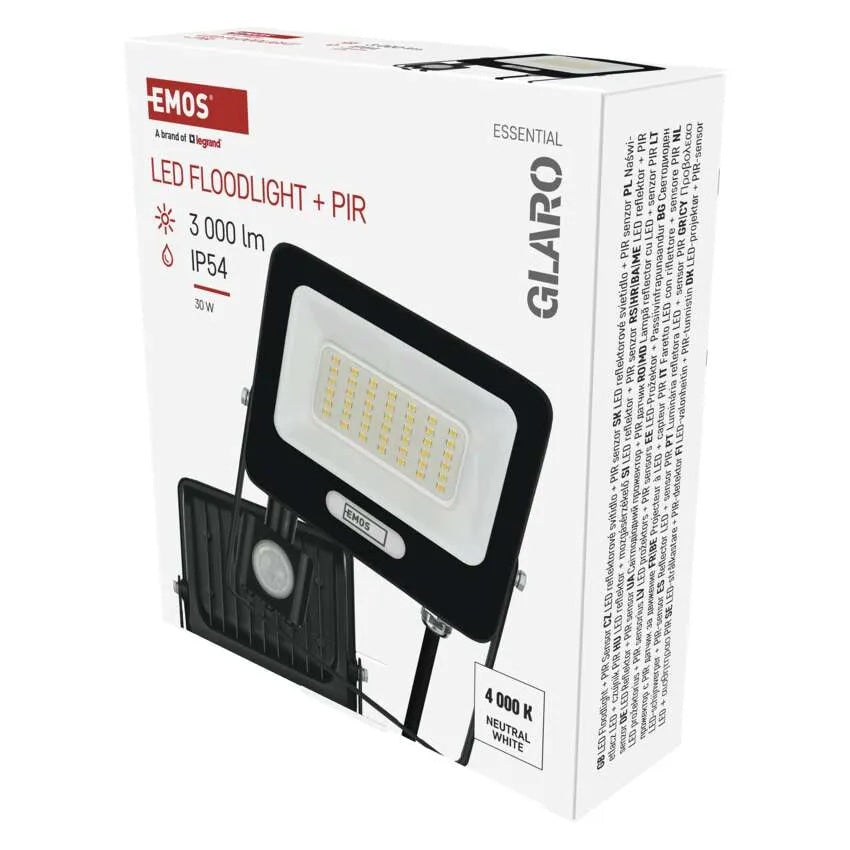 Прожектор LED 30W 4000K 3000lm 120° x 120° 20000h IP65 черен с датчик GLARO EMOS, ZS2334B