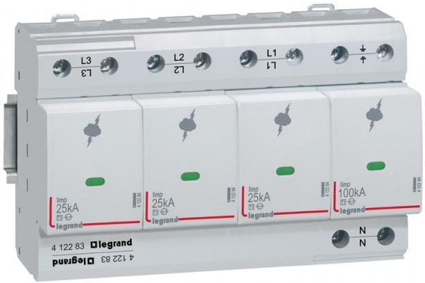 Катоден отводител тип 1+2 SPD 25kA 350V 3P+N с индикация Legrand, LEGRAND НИСКО НАПРЕЖЕНИЕ, 412283