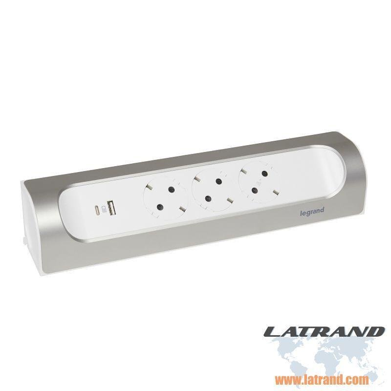РАЗКЛОНИТЕЛЕН ЪГЪЛОВ 3х ШУКО+USB A+C LEGRAND - БЯЛ/АЛУМИНИЙ