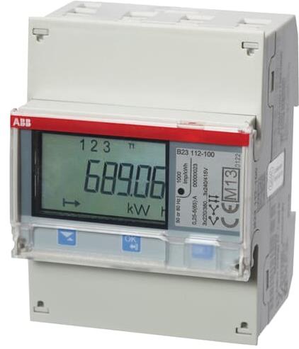 Трифазен електромер за ДИРЕКТНО мерене на ел. енергия B23, Modbus, eднотарифен, за DIN монтаж 4 мод, 65A, MID ABB, 2CMA100164R1000