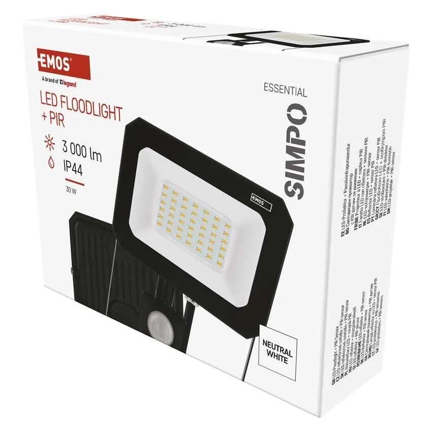 Прожектор LED 30W 4000K 3000lm 120° x 120° 25000h IP44 черен с датчик SIMPO EMOS