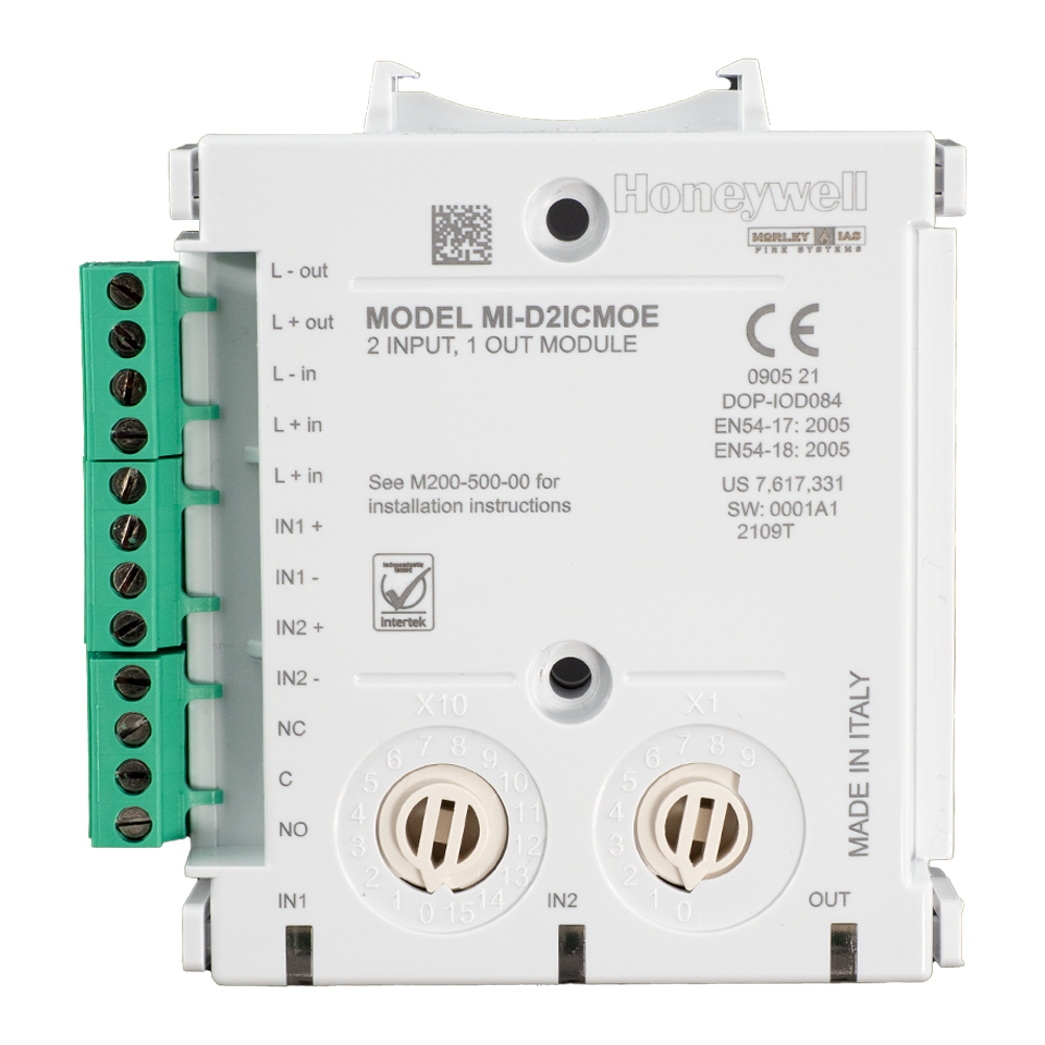 Адресируем модул с изолатор, 2 входа / 1 релеен изход, DIN монтаж, MI Honeywell, HONEYWELL, MI/D2ICMOE