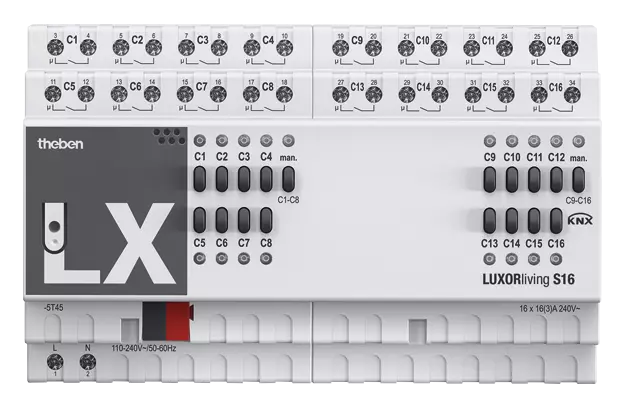 Актуатор изходи с ръчно управление S16 16x 230Vac 16A 8DIN LUXORliving Theben, KNX, 4800429