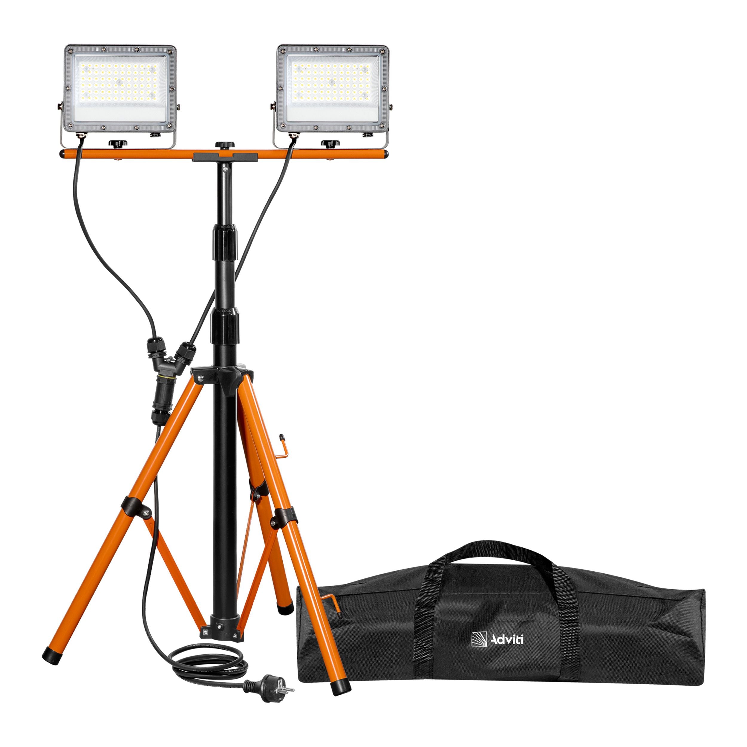 Професионален Строителен LED Прожектор  2х50W 2х4500lm 4000K със стойка триножник IP65 220V с кабел H05RN-F 3x1mm2 3,0 метра Latrans с удобна чанта за съхранение и пренасяне