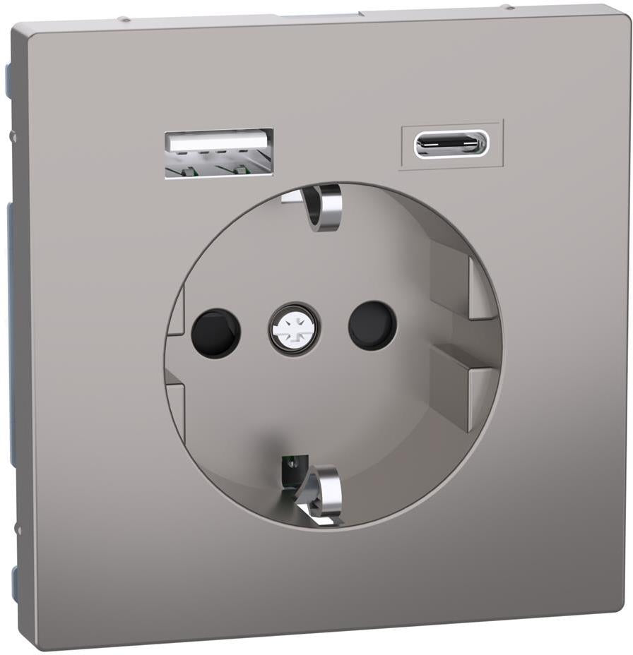 Механизъм контакт шуко 16A + USB A+C 3A 15W с лицев панел цвят Никел System Design Merten SE, SCHNEIDER ELECTRIC, MEG2367-6050