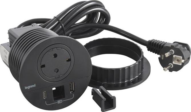 Модул за вграждане в бюро с 1х Шуко и USB тип A+C, кабел 2m, Ø80mm, цвят ЧЕРЕН, Incara Disq Legrand, LEGRAND, 654715