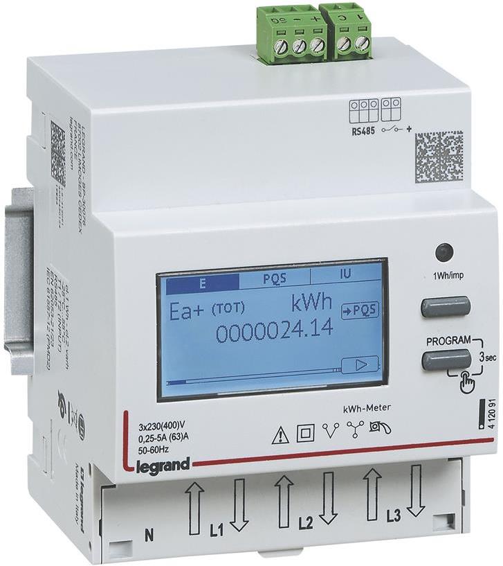 Трифазен мерител за ДИРЕКТНО мерене на ел. енергия EMDX3, Modbus, 2 тарифи, за DIN монтаж 4 мод, 63A, Legrand, LEGRAND НИСКО НАПРЕЖЕНИЕ, 412091