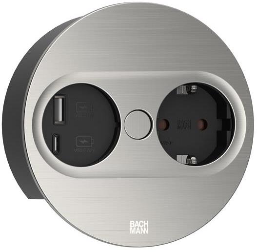 Модул TWIST 2 КРЪГЪЛ с 1х Шуко и USB тип A+C, с кабел 2м, цвят Инокс, Bachmann, BACHMANN, B946.004