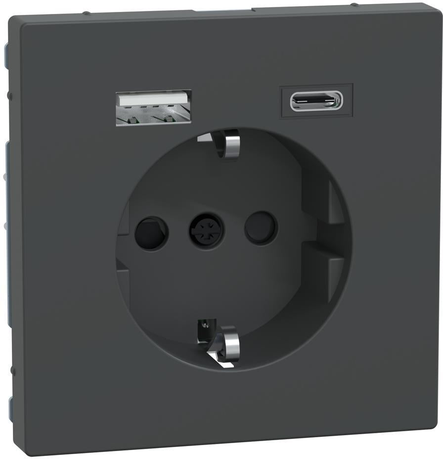 Механизъм контакт шуко 16A + USB A+C 3A 15W с лицев панел цвят Антрацит System Design Merten SE, SCHNEIDER ELECTRIC, MEG2367-6034