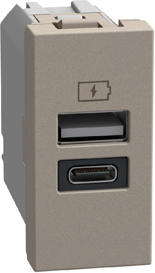 Розетка 2xUSB за зареждане тип A+C PD 20W 1 мод. цвят Камък Light Now Bticino, BTICINO, YG4192AC