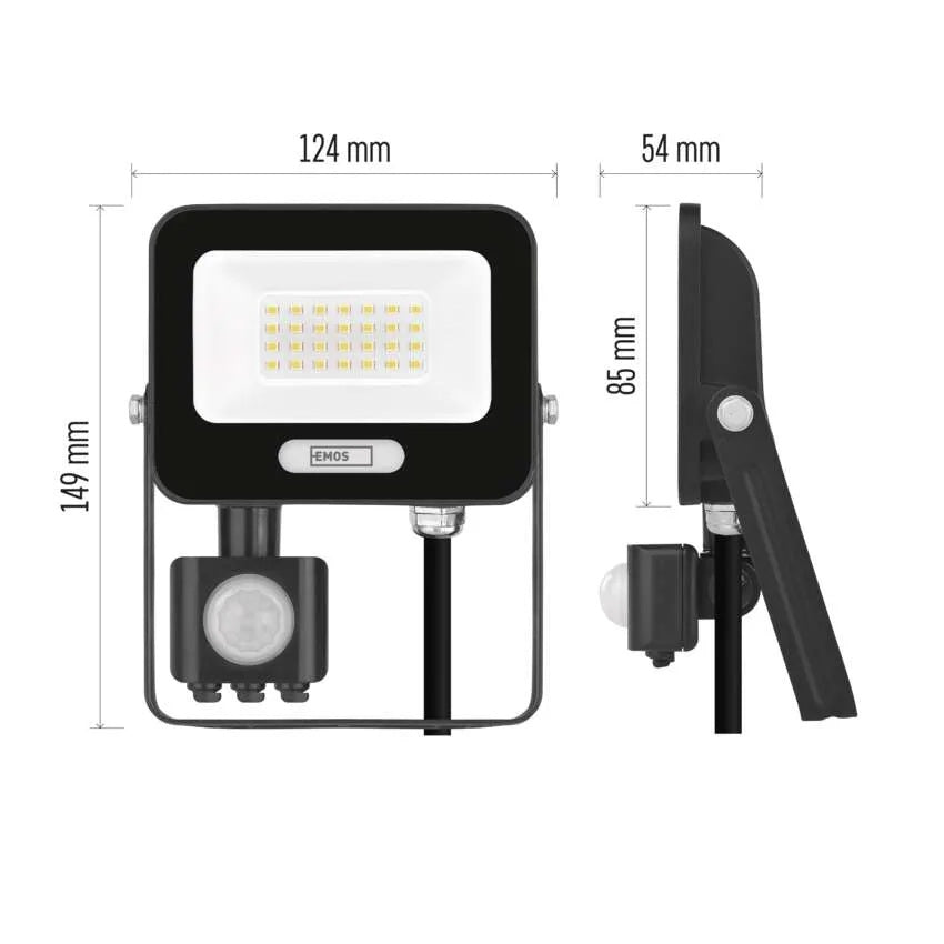 Прожектор LED 20W 4000K 2000lm 120° x 120° 20000h IP65 черен с датчик GLARO EMOS, ZS2324B