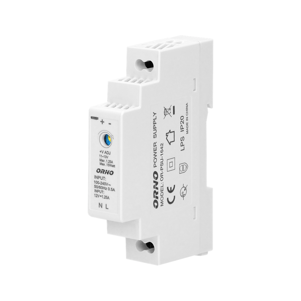 Захранващ блок 1P In:100...230Vac Out:12Vdc 1.25A, 1DIN, ORNO, OR-PSU-1642