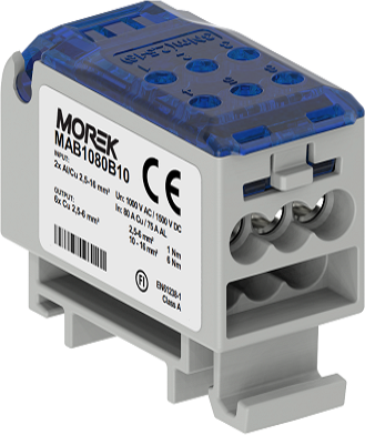 Разпределителен клемен блок СИН 1P 80A OJL80A вх. Al/Cu 2x16 изх. 6x6mm² MOREK, MAB1080B10