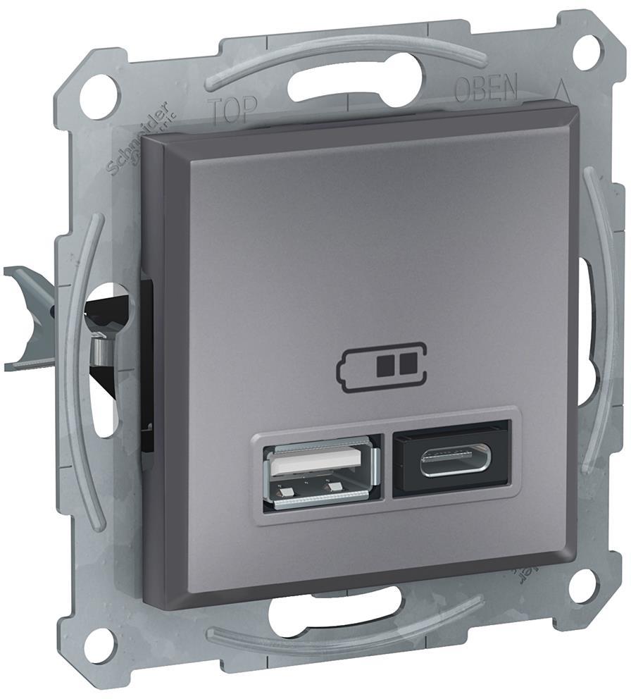 Розетка 2хUSB за зареждане тип A+C 2.4A 12W цвят Стомана Asfora SE, SCHNEIDER ELECTRIC, EPH2700362