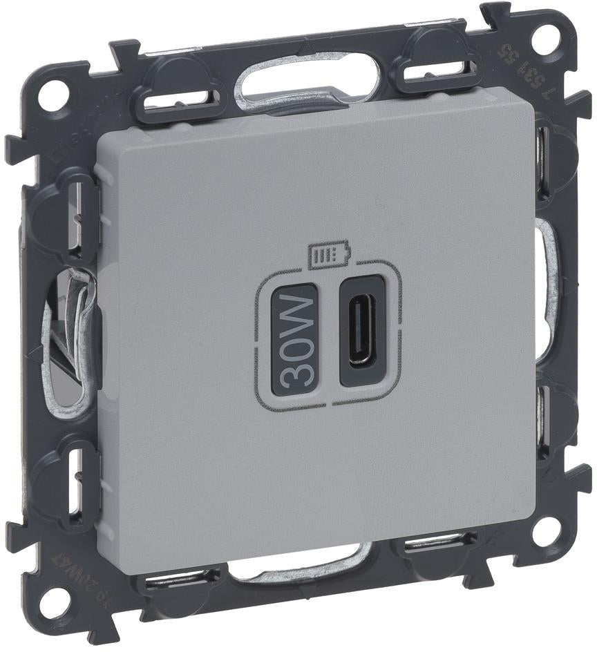 Розетка USB за зареждане тип C Power Delivery 30W цвят Алуминий Valena Life Legrand, LEGRAND, 753355