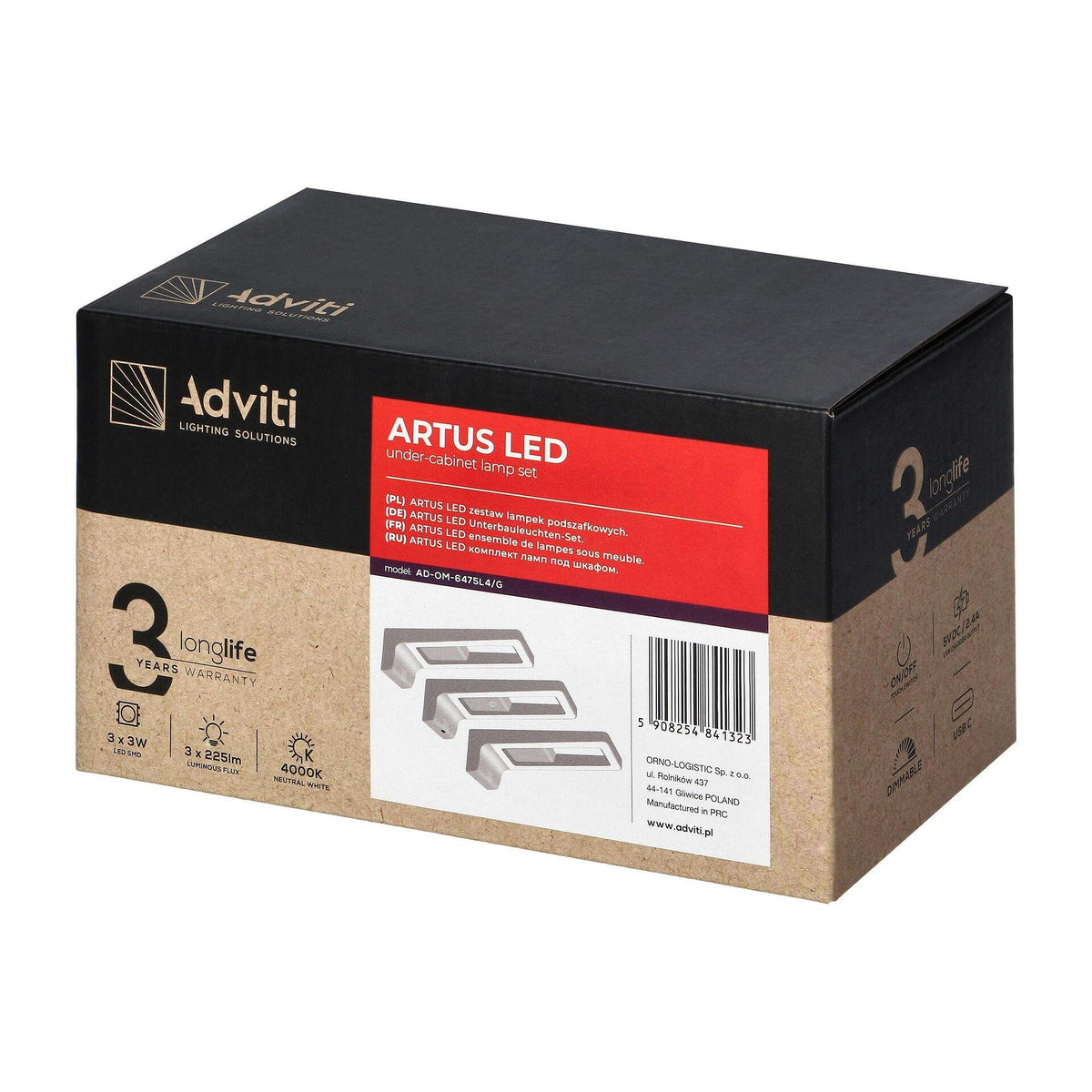 Комплект LED лампи за шкафове ARTUS, 3х3W, 3х225lm, 4000К, със сензорен превключвател и USB, сив - AD-OM-6475L4/G, ADVITI