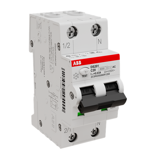 ДТЗ комбинирана DS201 1P+N 20A крива C 30mA тип AC 6kA 2 мод. ABB, 2CSR255080R1204