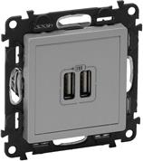 Розетка 2хUSB за зареждане тип A 2.4A 12W цвят Aлуминий Valena Life Legrand, LEGRAND, 753312