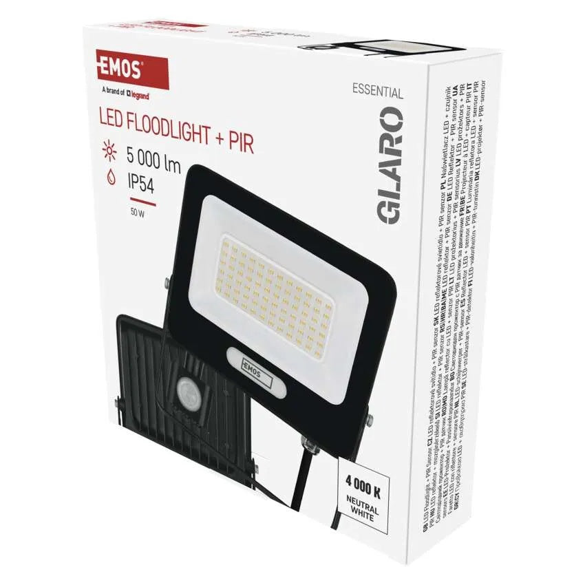 Прожектор LED 50W 4000K 5000lm 120° x 120° 20000h IP65 черен с датчик GLARO EMOS, ZS2344B