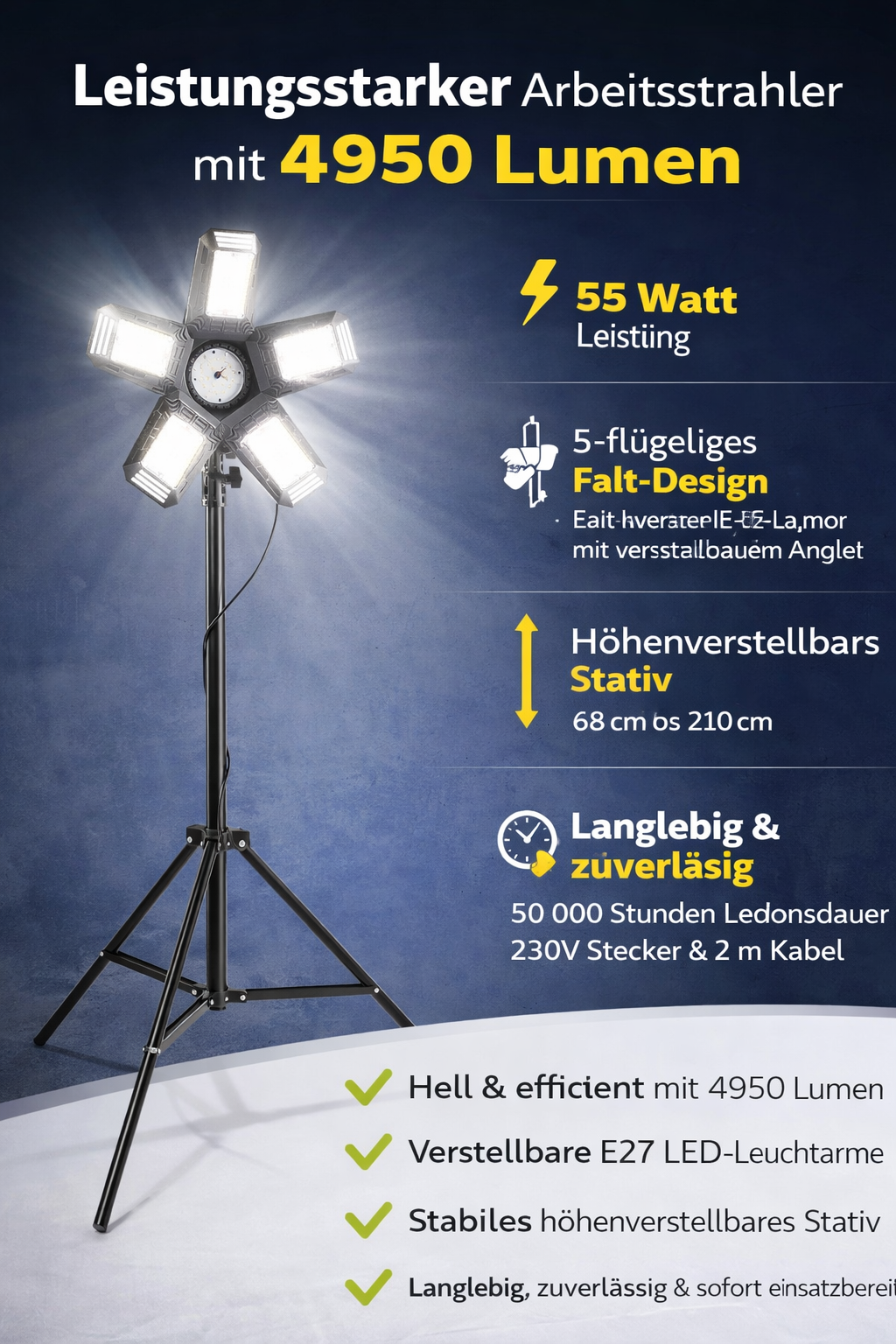 RIGEL LED Работна лампа със статив – 55W, 4950 lm, 6500K