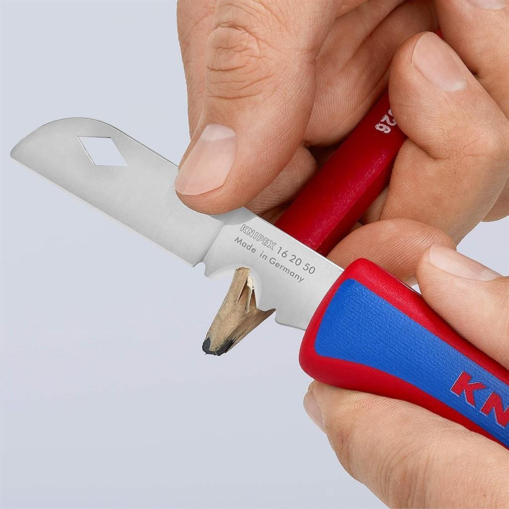 Сгъваем нож за електротехници, синьо-червена ръкохватка 120мм, Knipex - K162050SB