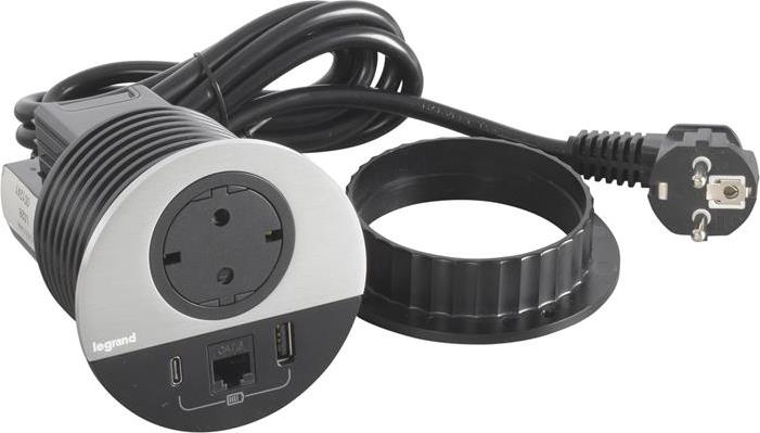 Модул за вграждане в бюро с 1х Шуко, USB тип A+C и 1х RJ45 Cat.6 UTP, кабел 2m, Ø80mm, цвят ЧЕРЕН МЕТАЛ, Incara Disq Legrand, LEGRAND, 654712