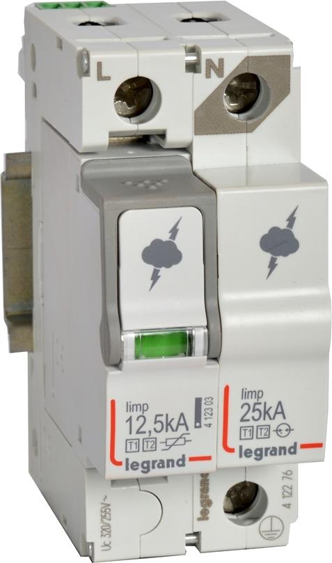 Катоден отводител тип 1+2 SPD 12.5kA 320V 1P+N R с индикация Legrand, LEGRAND НИСКО НАПРЕЖЕНИЕ, 412276