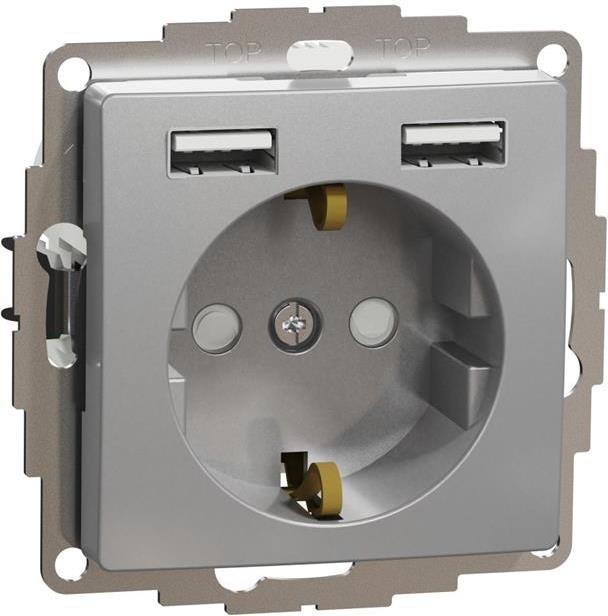 Контакт шуко с детска защита авт. и USB тип A+A 2.4A 12W цвят Алуминий Sedna SE