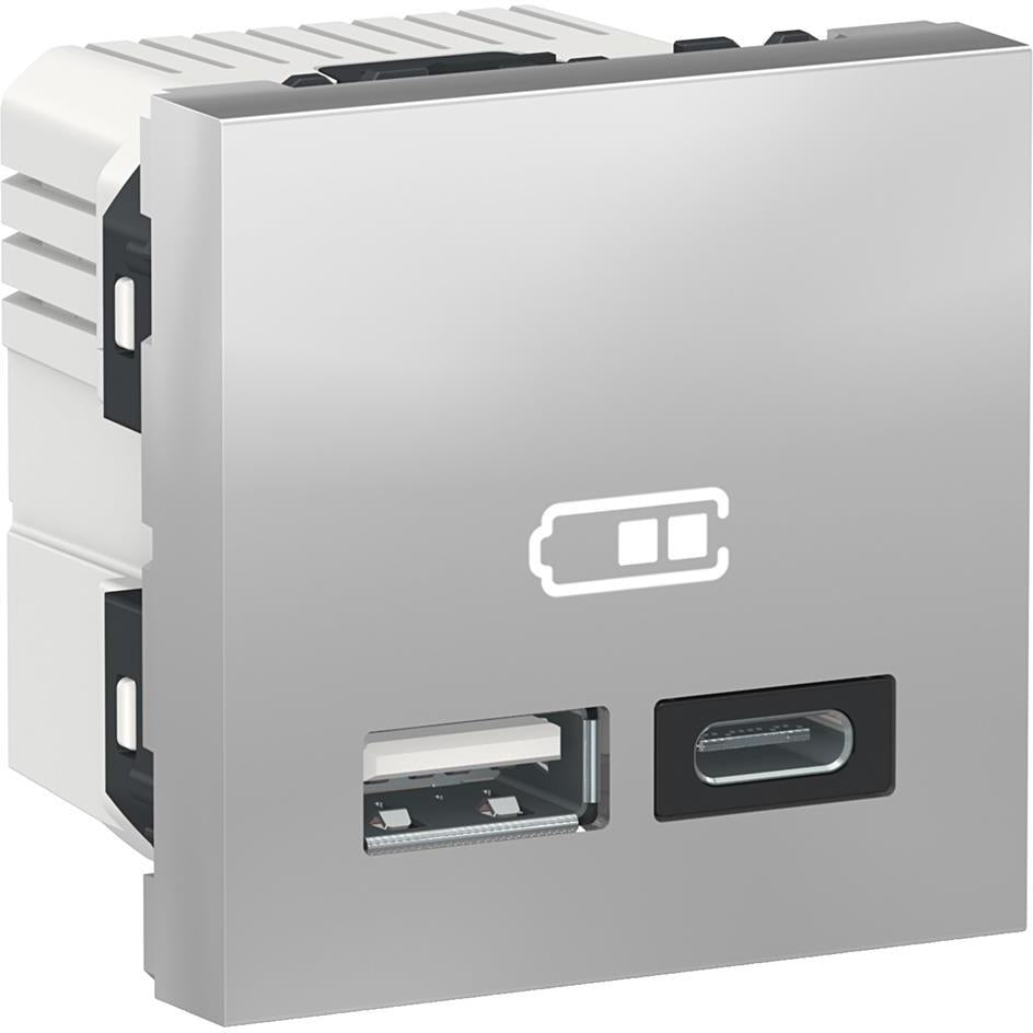 Розетка 2хUSB за зареждане тип A+C 2.4A 12W 2 мод. цвят Алуминий Unica SE, SCHNEIDER ELECTRIC, NU301830