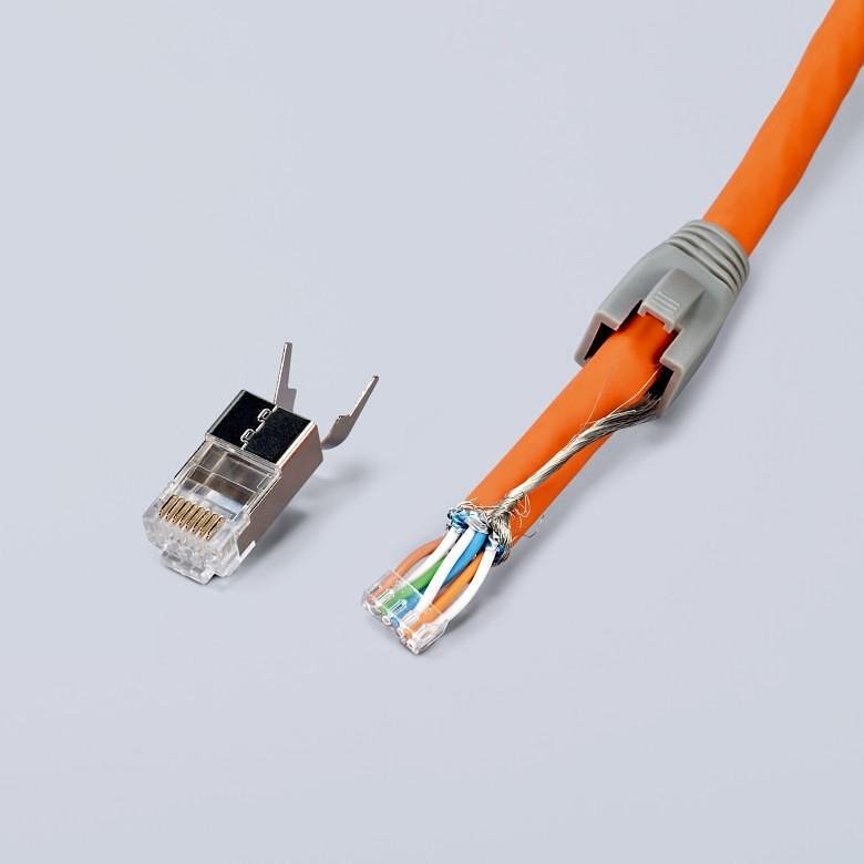 Инструмент за кримпване на RJ45, заголване и рязане, синьо-червена ръкохватка 190мм, с пружина, Knipex - K975113