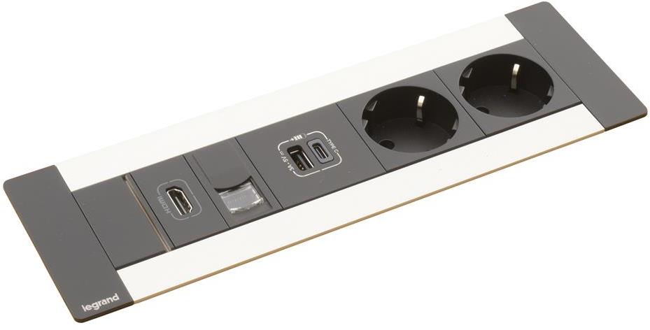 Мебелна кутия с 2х Шуко, USB тип A+C, HDMI и RJ45 Cat.6 UTP, кабел 2m, 247x80mm, цвят ЧЕРЕН МЕТАЛ, Incara Multilink Legrand, LEGRAND, 654791